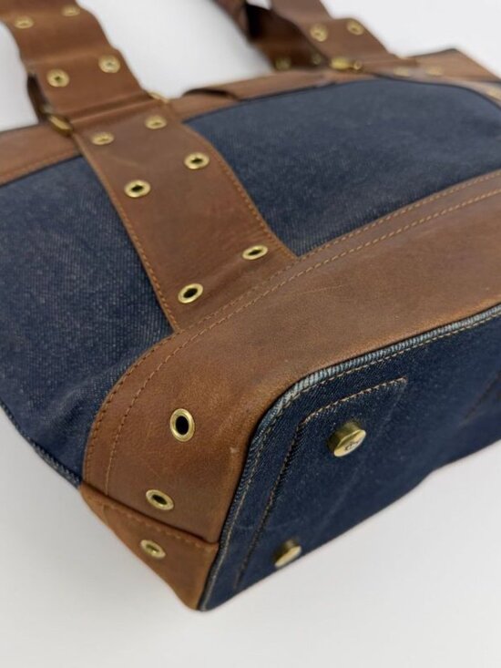Dior Tote Brown Navy Denim Leather Vintage - Picture 11 of 16